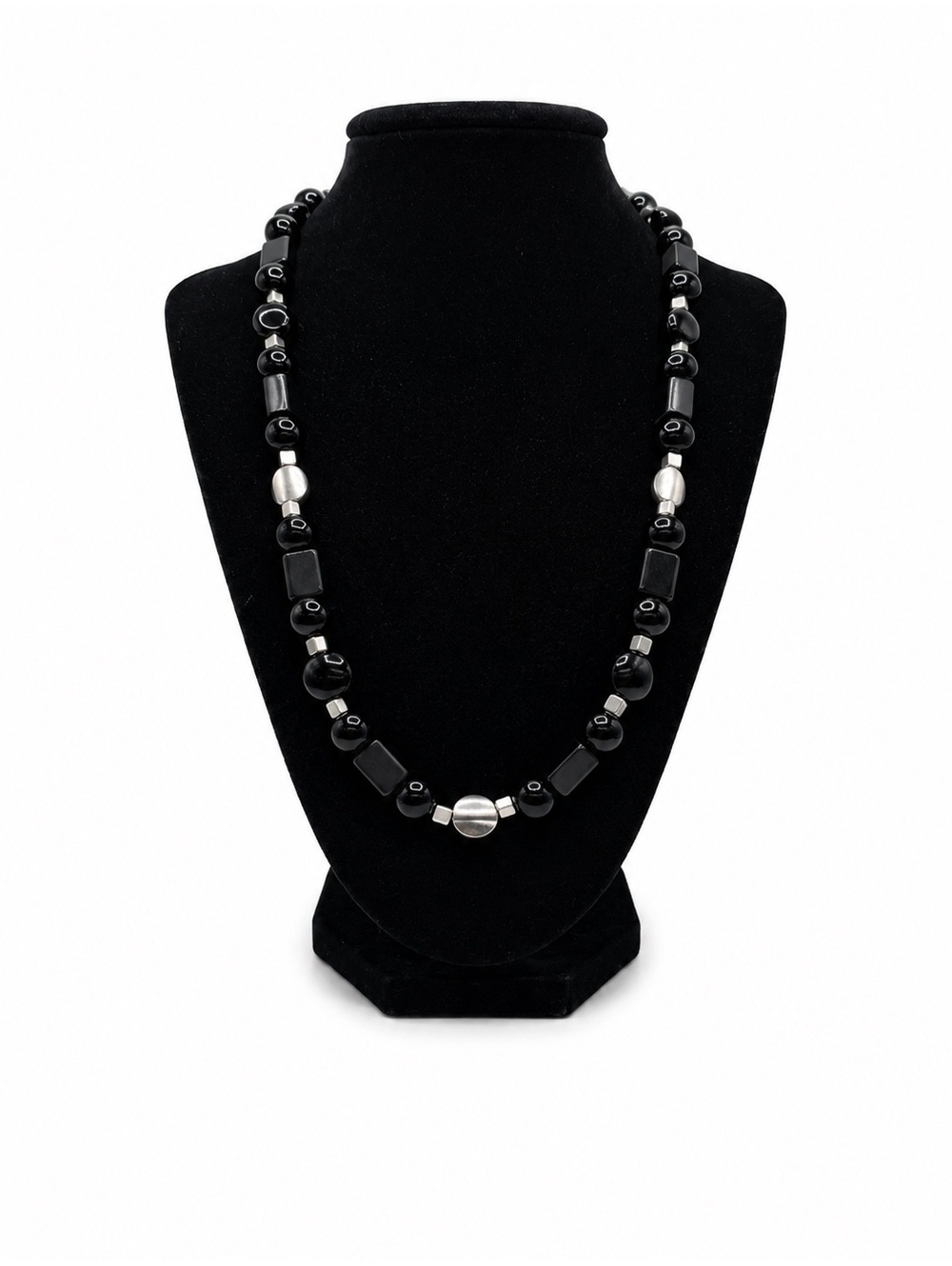 Jewelry By GG Black and Silver Onyx and Pewter 10.5" Beaded Necklace